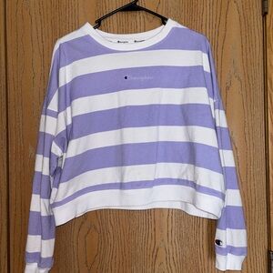 Champion Women's Lavender and White Striped Cropped Sweatshirt